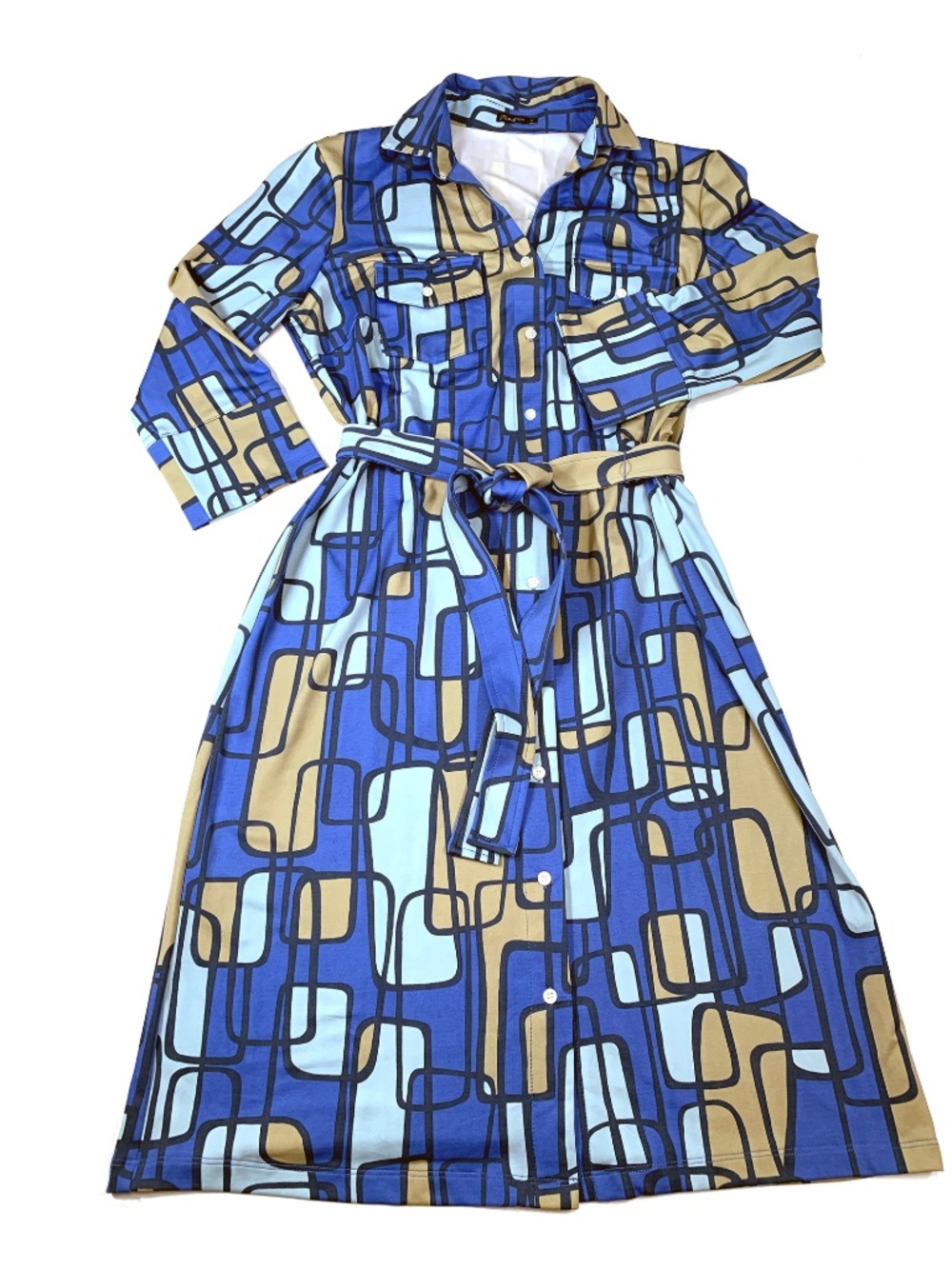 J. McLaughlin Knit Jersey Collared Belted Shirt Dress Women Blue Geometric Med